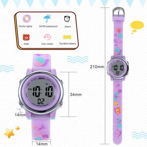 Girls Digital Sport Watches LED with 7 Colors Backlight 3D Butterfly Wristwatch-LightPurple