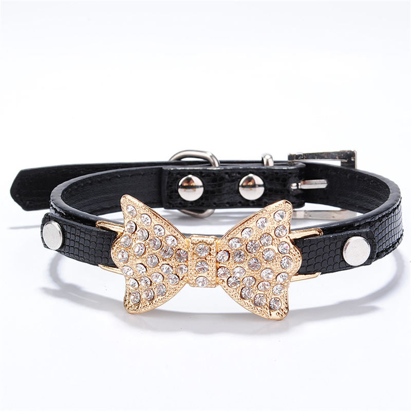 Pet Bling Diamond Giltter Leather Fashion Collar With Tow Rope for Small Dogs Cat Party Gifts-Black