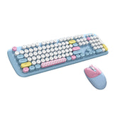 Wireless Keyboard and Mouse Combo Cute Cat Colorful Round Keys for Computer-Blue