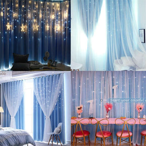 2 Panels Double Layer Stars Blackout Curtains for Bedroom Window-Blue