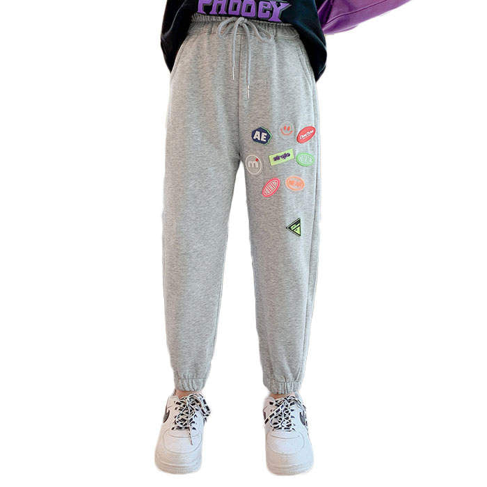 Girls Joggers Long Pants Pockets Outdoor Casual Trousers with Drawstring Icon-Gray