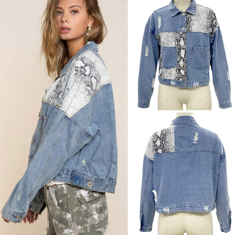 Womens Distressed Denim Jacket Patchwork Print Ripped Outwear-SnakePattern