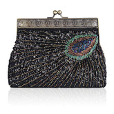 Peacock Clutch Sequined Beaded Evening Handbag-Black