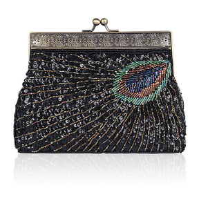 Peacock Clutch Sequined Beaded Evening Handbag-Black