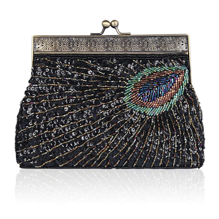 Peacock Clutch Sequined Beaded Evening Handbag-Black