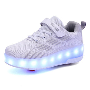 Kids LED Rechargeable Roller Skate Shoes with Double Wheel-White