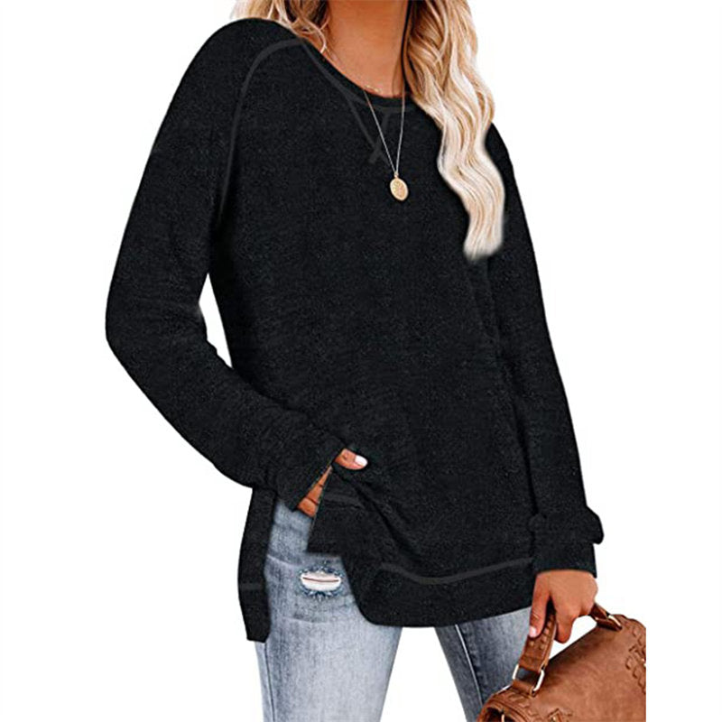 Womens Fall Crewneck Tunic Tops Loose Long Sleeve-Black