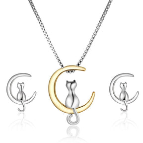 Cat Moon Studs Earrings + Necklace Set Lovers Gift for Women