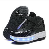 Fashion Kids Sneakers LED Roller Skate Shoes with Four Wheels-Black