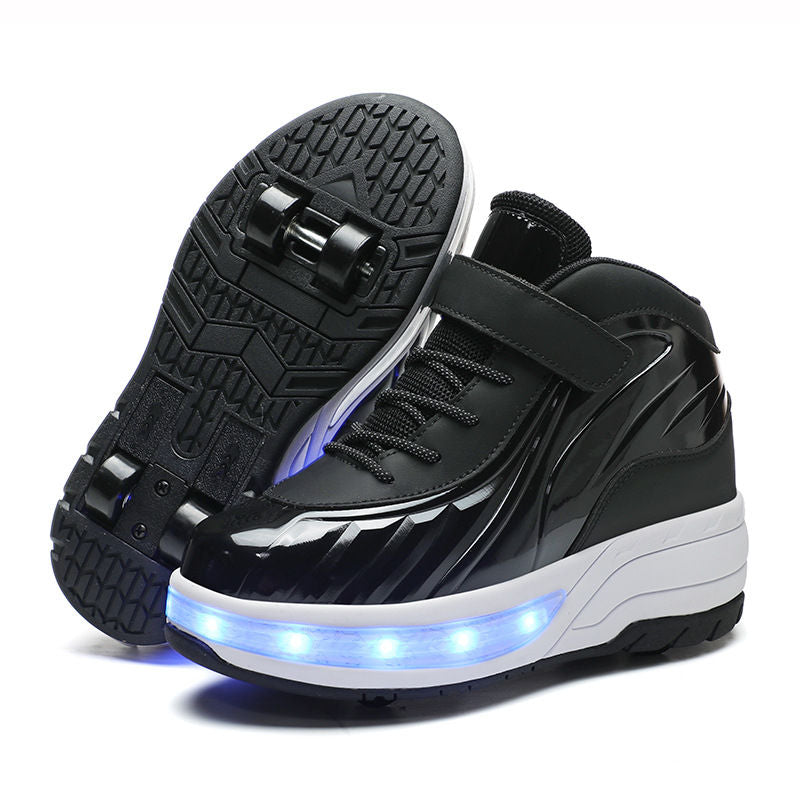 Fashion Kids Sneakers LED Roller Skate Shoes with Four Wheels-Black