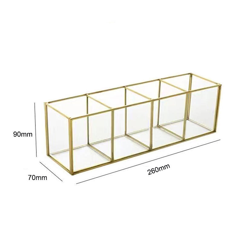 4-Compartment Organizer Vintage Brass and Glass Storage Makeup Brush Holder