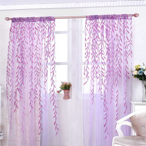 2 Panels Sheer Curtains Rod Pocket Willow Leaves Print for Living Room-Purple