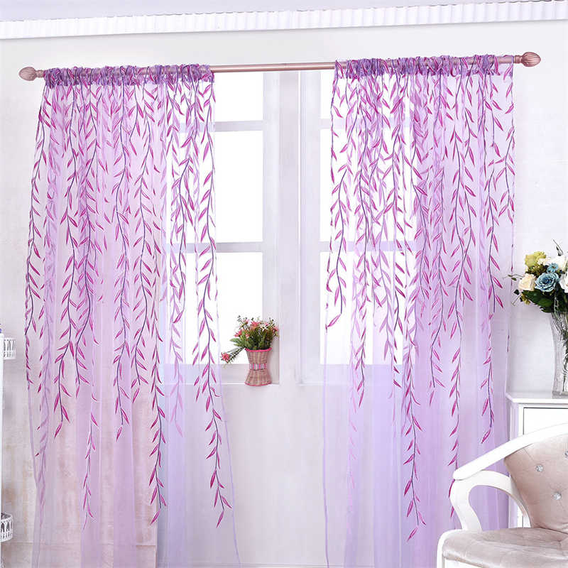 2 Panels Sheer Curtains Rod Pocket Willow Leaves Print for Living Room-Purple