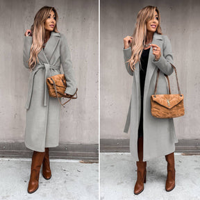 Womens Trench Coats Lapel with Tie Belt Fashion Winter Long Outwear-Light Grey