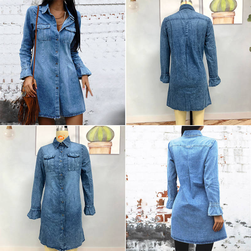 Womens Denim Dress for Autumn Long Sleeve Slim Fit A-line Skirt