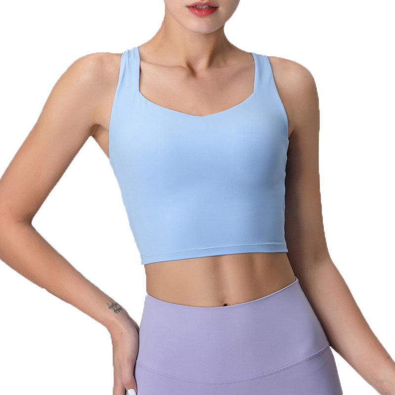 V Neck Longline Sports Bras Padded Wirefree Stretchy Yoga Camisole-Blue