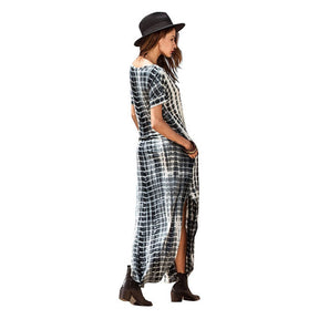 Women's Boho Maxi Summer Casual Short Sleeve V-neck Dye Split Fork Long Dress-Black