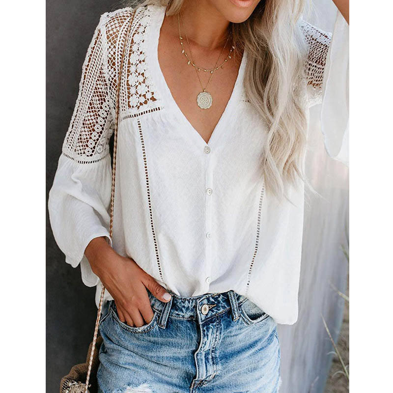 Womens V-neck Lace Crochet Shirt Flare Sleeve Buttoned Blouses-White