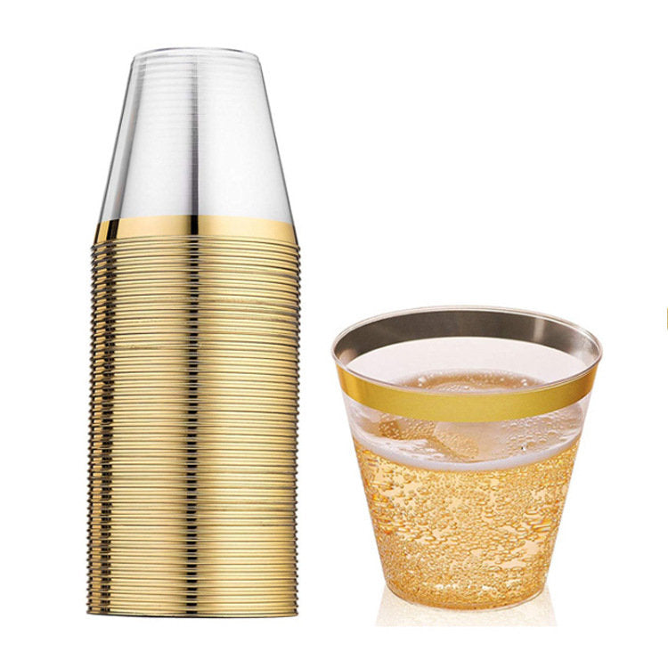 100Pcs Gold Plastic Cups 9 Oz Clear Plastic Cups Fancy Disposable Wedding Cups Elegant Party Cups with Gold Rim