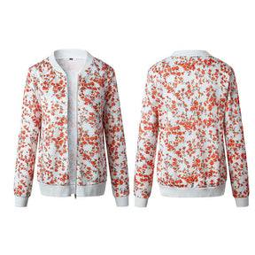 Womens Jackets Lightweight Zipper Bomber Jacket Cropped Coat-White Red Flower