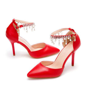 Pointed Toe 9.5cm High Heel Pearl Ankle Strap Wedding Dress Pump-Red