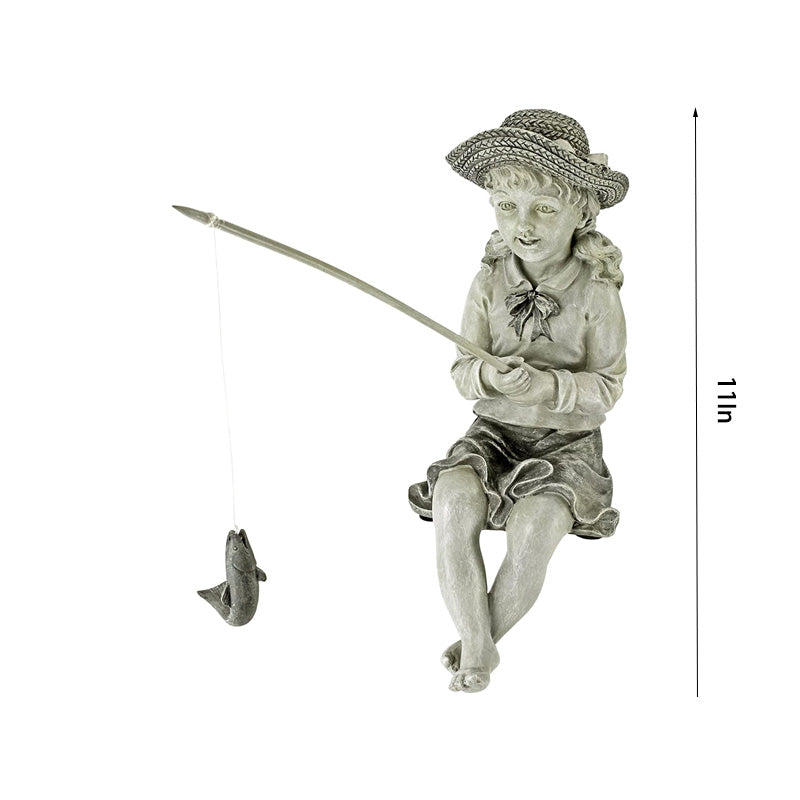 Fisherwoman Girl Fishing Garden Statue Outdoor Statues 11 Inches