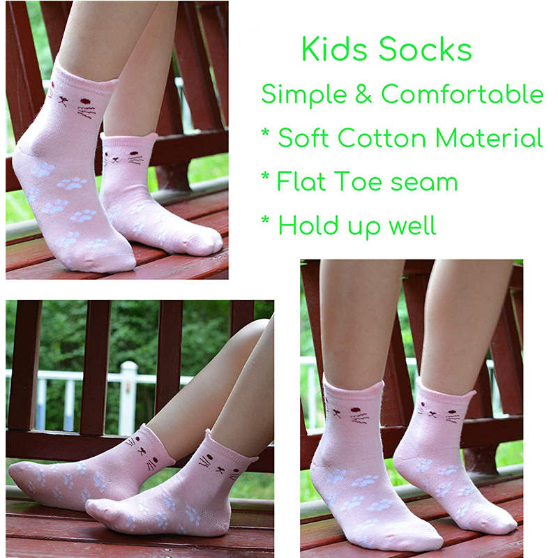 5 Pack Kids Girls Cotton Cute Cat Socks Low Cut Crew Ankle