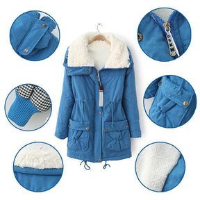Women's Mid Length Winter Coat Thickened Warm Lamb Wool Lined Jacket-Blue
