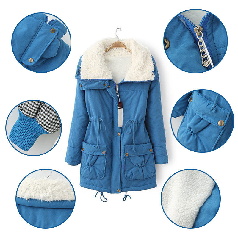 Women's Mid Length Winter Coat Thickened Warm Lamb Wool Lined Jacket-Blue