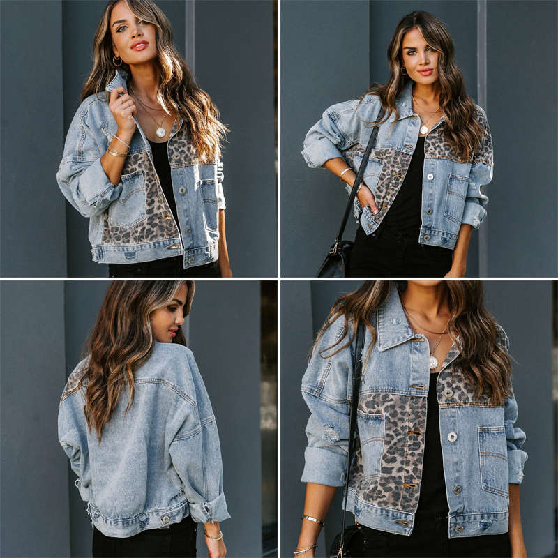 Womens Distressed Denim Jacket Patchwork Print Ripped Outwear-LeopardPattern