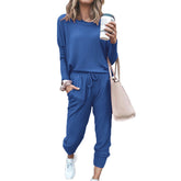 Women Loose Solid Color Long Sleeve Top Casual Drawstring Pants with Pockets-Blue