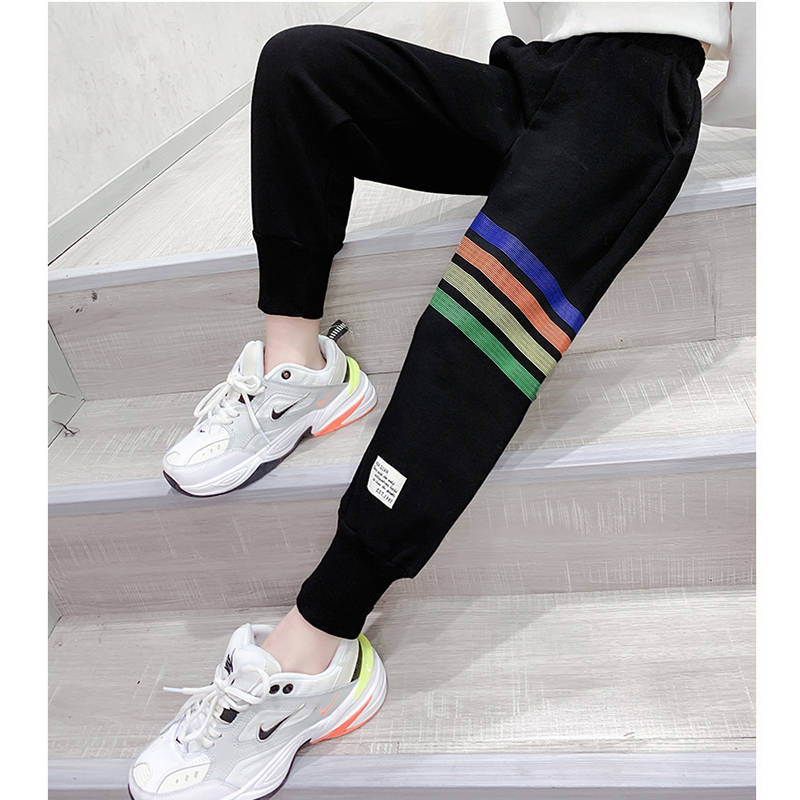 Girls Joggers Long Pants Pockets Outdoor Casual Trousers Rainbow-Black