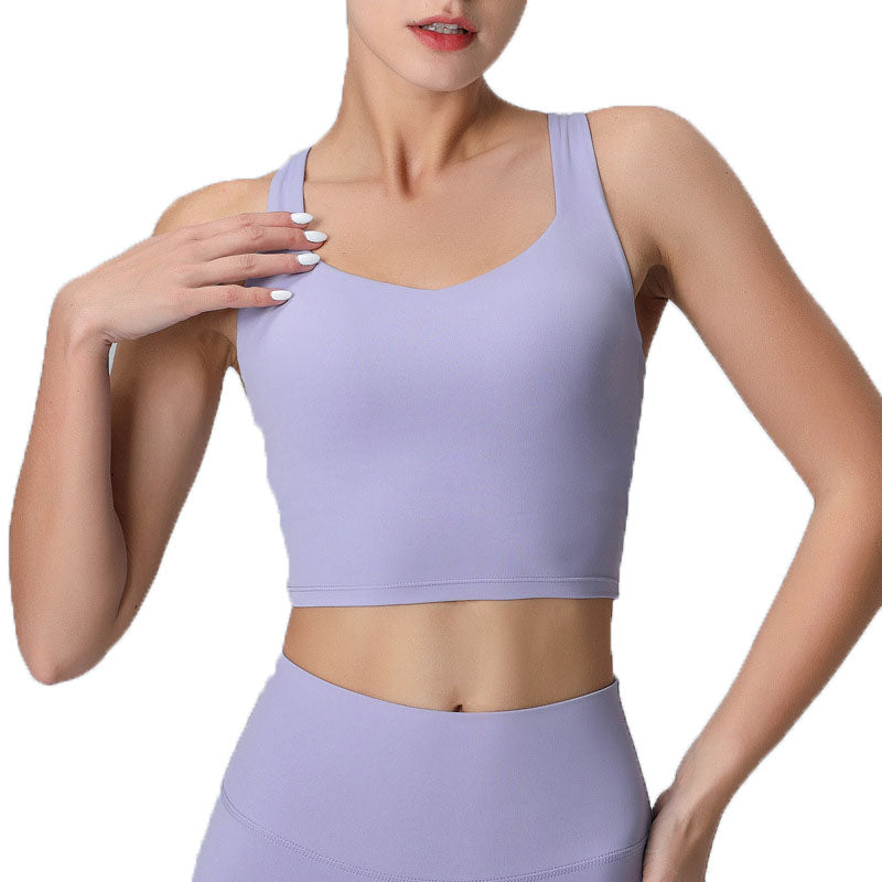 V Neck Longline Sports Bras Padded Wirefree Stretchy Yoga Camisole-Purple