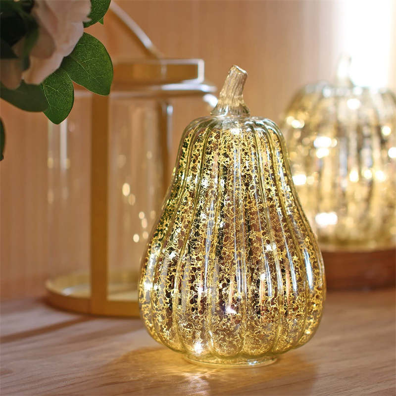 3Pcs Mercury Glass Pumpkin Light with Timer for Halloween Decor-Gold