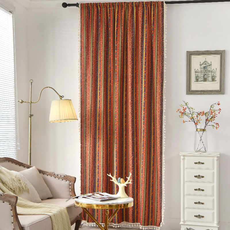 2 Panels Red Stripe Semi-Blackout Window Curtains with Tassels Rod Pocket Design