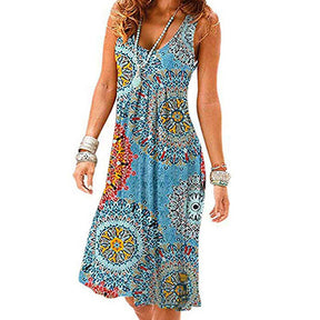 Summer Beach Tank Dresses Sleeveless Tunic Long Dress-PrintMediumBlue