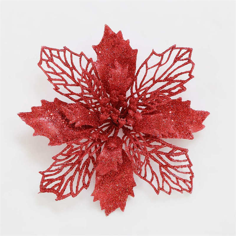 12Pack Glitter Flowers Christmas Tree Decorations and Ornaments-Red