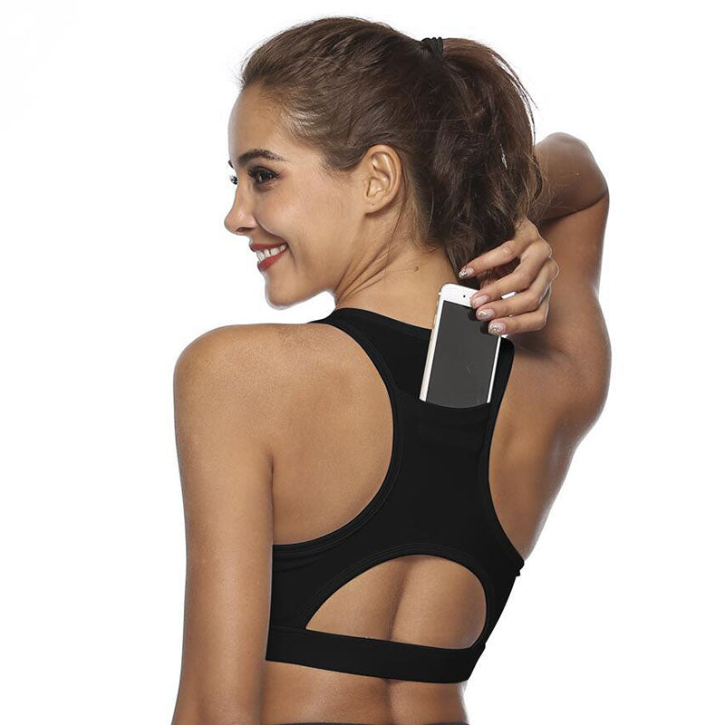 Sports Bra with Back Pocket Medium Support Breathable Underwear-Black