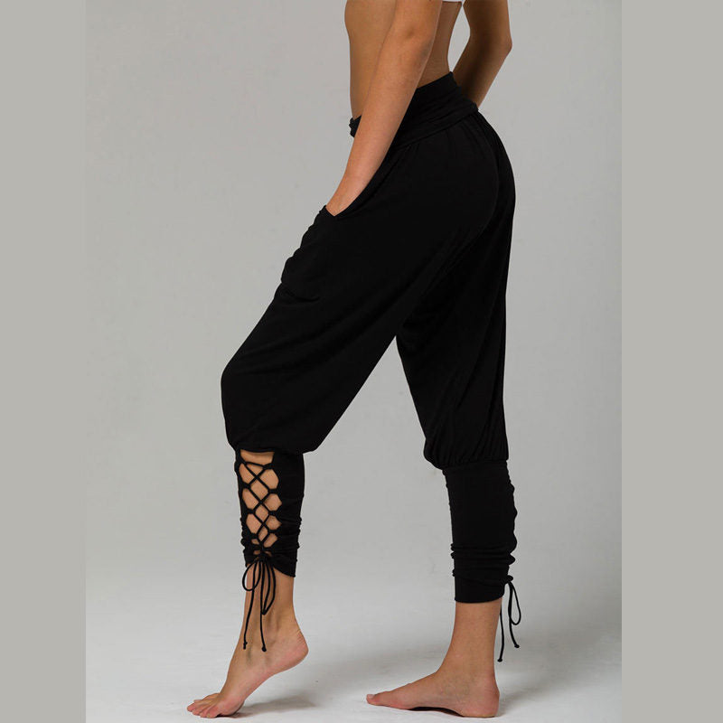 Womens Solid Color High Waist Lace Up Pants Fitness Loose Pants with Pockets-Black