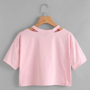 Fashion Embroidery Teen Girls Rose Crop Top Short Sleeve T-Shirt-Pink