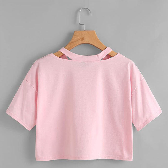 Fashion Embroidery Teen Girls Rose Crop Top Short Sleeve T-Shirt-Pink