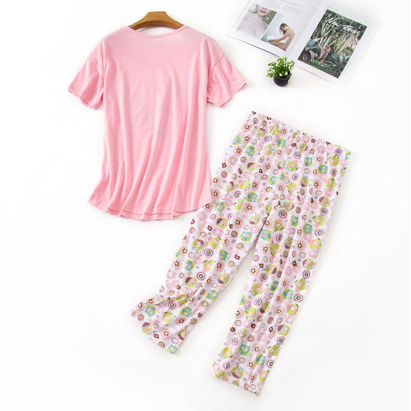 Womens Short Sleeve Casual Prints Pajama Cropped Trousers Set-Pink Flower Mouse