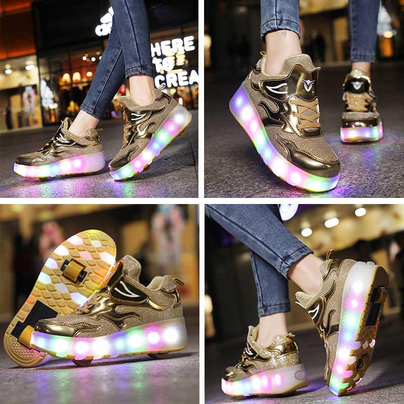 Kids LED Roller Skates Fashion Sneakers with Double Wheel-E67-Golden