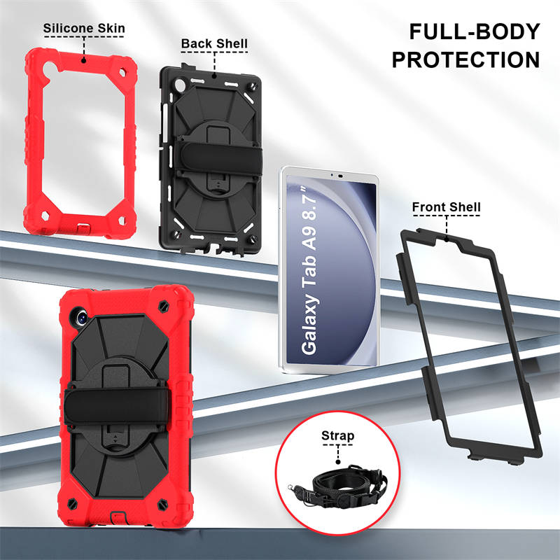 Rugged Tablet Case with Stand and Shoulder Strap for Samsung Galaxy A9-RedBlack