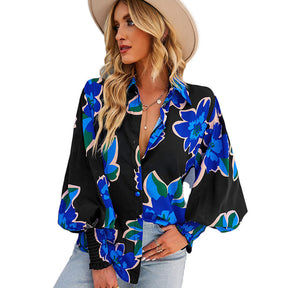 Printed Blouses for Women Button Down Long Sleeve Shirts Loose Fit Tops-Black