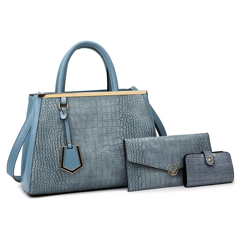 3Pcs Women Tote Bags Large Capacity Crack Design Fashion Purse-Blue