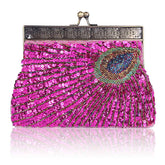 Peacock Clutch Sequined Beaded Evening Handbag-RoseRed