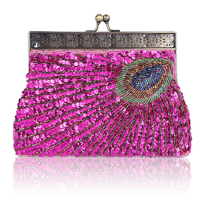 Peacock Clutch Sequined Beaded Evening Handbag-RoseRed