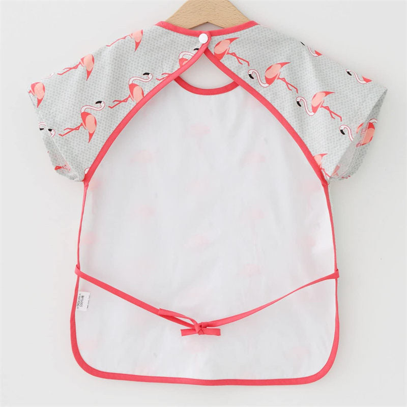 Toddler Short Sleeved Smock Cartoon Waterproof Apron for Feeding Painting-Flamingo