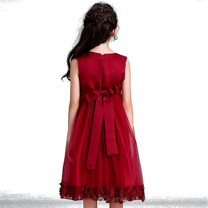 Girls Tulle Lace Flower Princess Wedding Dress For Toddler And Baby Girl-Maroon